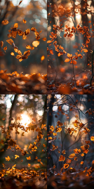 落叶飞舞呈爱心形，逆光效果，手机壁纸风，黄金分割布局，森林中，暖色调，长焦镜头，侧逆光，慢快门，动感，温馨。