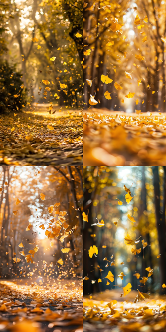 银杏叶飘落，中心构图，森林小径，暖黄主调，逆光拍摄，长焦镜头，散景，唯美氛围，适合手机壁纸。