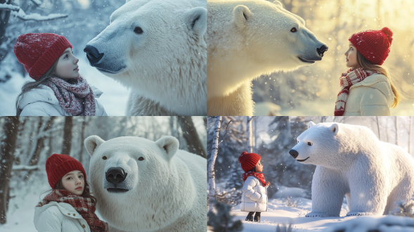 女孩穿白羽绒服戴红帽围巾与厚毛大白熊，冬天厚雪场景，三分法构图，长焦，晨光调，女孩好奇张望、熊温顺凝视，卡通风，和谐氛围。