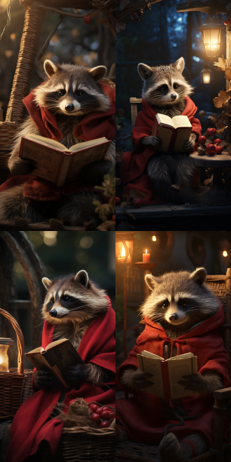 tiny cute cute fluffy little raccoon draped in a red scarf, sitting on a wicker chair in a medieval garden with a book in his hand, anthropomorphism, jean-baptiste monge, soft cinematic lighting, 8k, intricate details, portrait, pixar style character, old-fashioned cinematic style