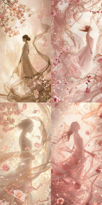 一幅宁静优雅的壁纸设计，柔和的粉色调与金色阳光交织，精致的玫瑰和樱花点缀其中，优雅的女性剪影站在飘逸的丝带中，象征力量与美丽，超高清细节，梦幻空灵的氛围。