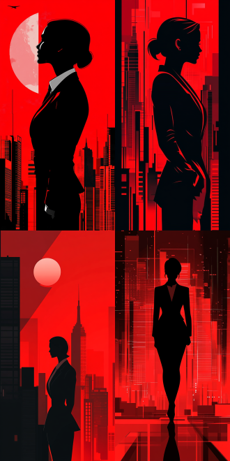 现代插画，红黑配色，简洁线条几何图形，自信职业女性穿西装剪影，城市天际线背景，极简风，高对比度，4k，时尚有力。