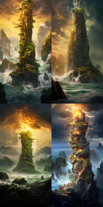 `epic scene, ancient chinese mythology, dawn lighting,` `giant moss-covered stone pillar (10 meters tall) on cliff top,` `intricate shang dynasty bronze patterns glowing with golden cracks,` `storm clouds swirling above, ocean waves crashing against mountain base,` `mysterious heartbeat light pulsating from stone core,` `hyper-detailed vegetation, wet rocks, seagulls flying low,` `style: cinematic concept art, unreal engine 5 render, 8k`