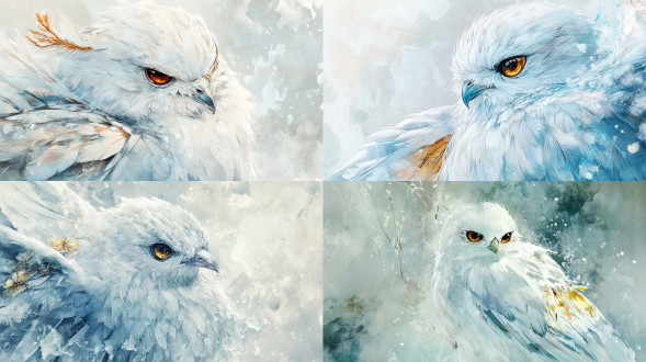 银白色候鸟，羽毛边缘淡蓝，琥珀色悲伤眼睛，左翅有撕裂疤痕与金色新羽，羽毛结冰，水彩柔和风格，冬季冷色调，吉卜力工作室细节