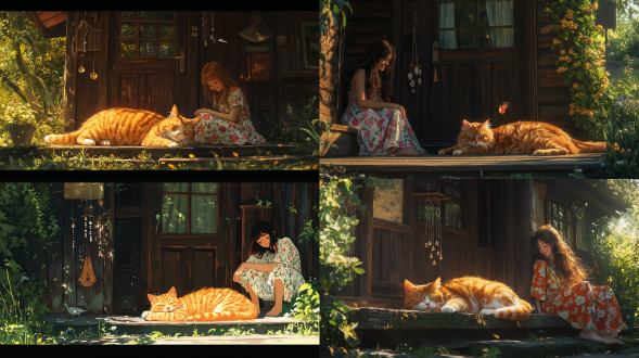 a lazy orange cat lounges in front of a quaint wooden house, its soft fur bathed in warm sunlight, creating a cozy and comfortable scene. the house is built from dark timber, with wind chimes hanging by the door, gently ringing in the breeze. a girl in a floral dress sits on the front steps, smiling as she strokes the cat, her long hair swaying in the wind, her eyes gentle and content. the background is a lush forest, with birds flying in the distance, and the air is filled with the scent of grass and wood. the overall atmosphere is peaceful and heartwarming, styled like pastoral life photography, with a 35mm focal length, and the emotional tone is a blend of nature and happiness.