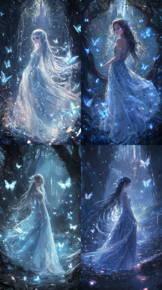 a girl from another world stands in a mystical forest, wearing a shimmering silver gown that seems woven from starlight, her skin glowing with a pearlescent sheen. her eyes are deep like the night sky, and her long hair cascades down like a waterfall, with faint light shimmering at the tips. she is surrounded by glowing butterflies and floating magical runes. the background features towering ancient trees with unknown runes carved into their trunks, and the air is filled with a faint mist. in the distance, a floating castle can be vaguely seen. the overall atmosphere is dreamy and mysterious, styled like fantasy illustration, with an emotional tone of wonder and the unknown