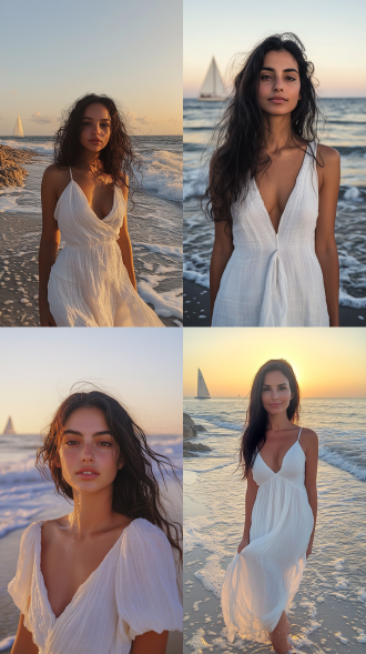 a woman facing the camera on a beach shoreline, wearing a flowing white linen dress rippled by sea breeze, barefoot on damp sand. her dark hair cascades over shoulders with tiny salt crystals glinting in twilight's amber light, eyes reflecting the golden hour glow, lips curved in a subtle smile. waves crumble into pearlescent foam around her feet, backed by gradient-hued sunset skies with a distant sailboat silhouette on the horizon. golden-tinted spray erupts from rocky outcrops at frame left. styled as high dynamic range naturalistic photography with 85mm focal length, emotional tone blending solitary freedom with oceanic timelessness.