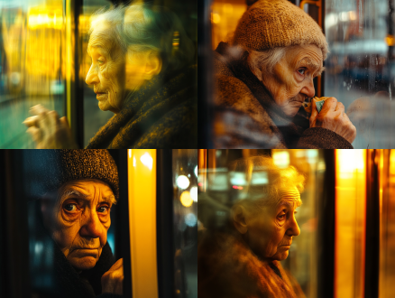 年迈老人在公交门口，手抖掏零钱，脸上焦急无助，三分构图，室内，长焦，暖光，慢快门，颤抖动作，写实，暖黄调，焦虑。