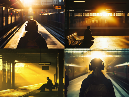 清晨七点站台，三分构图，寂静喧闹氛围，淡金色暖光，金属冷光，超广角，逆光，无声人戴耳机沉浸，平静。