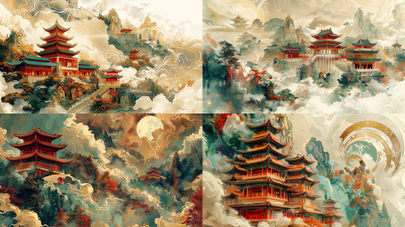 wutai mountain architecture, chinese temple sacred sense, gold, surrealist illustration, chinese art style game scene, colorful cloud, white, spiral light pattern, brown, chinese red, green yellow, beige, reddish-brown, high saturation, color diffusion ripple, rich color diffusion, extremely fine strokes, victo ngai style, rich color, hyperfine, uhd, 16k