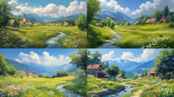一个静谧的小村庄，绿油油的草地，繁花盛开，树木葱郁，一条清澈见底的小溪从村中穿过，蓝天白云，青色的远山，平视角，油画风格，笔触细腻，日光柔和，高质量，高清晰度