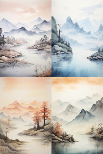 山水人物画，简洁线条勾勒，大量留白，传统水墨画风格，中景构图，淡雅色调，柔和光线，宁静意境，远望姿态。