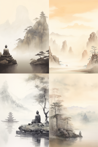 传统水墨画山水人物，佛菩萨双手合十，简洁线条留白，淡雅色调，全景构图，柔和顶光，宁静意境。