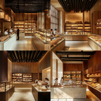 新中式现代面包房，全景展示，木质墙面黑管线天花白地板，暖光，清新色调，人流选购，明亮温馨，广角镜头，暖色调。