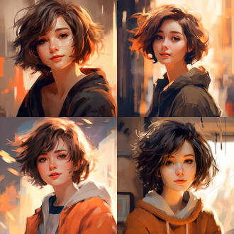 可爱短发少女，嘴巴微微嘟，微笑表情，中心构图，插画风格，漫画风格，柔和光线，暖色调，细节丰富，表情生动，明亮的，高饱和度，细腻笔触，温馨氛围，正面视角，圆润线条，温馨情感，温馨场景，温馨色调，温馨光线，温馨表情。