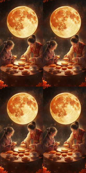 中秋月，月亮下，一家三口，吃着月饼，桌子上放满美食，五官精致，细节丰富，温馨氛围，动画质感，相机镜头，中式元素，圆形构图，柔和光线，长焦镜头，微距细节，暖色调，色彩丰富，家庭聚会，幸福表情，古代生活，唐代服饰，细腻质感，4k超清画质。