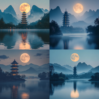 中秋节海报，超级大月亮，远山朦胧，塔楼，江水，传统风格，4k，全景，夜景，节日氛围，对称构图，冷暖色调对比，长焦镜头，柔和光线，静谧，神秘，宁静，祥和。