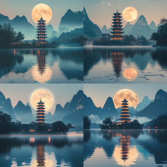 中秋节海报，超级大月亮，远山朦胧，塔楼，江水，传统风格，4k，全景，夜景，节日氛围，对称构图，冷暖色调对比，长焦镜头，柔和光线，静谧，神秘，宁静，祥和。