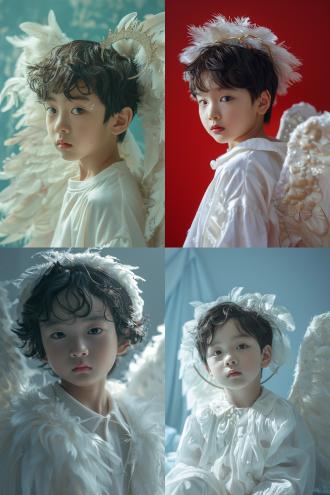 beautiful angel, toy commercial photo, joongwon charles jeong, wearing angel halo, opening scene, cgworld, cute!, by huang ding, still from a music video, high-definition photograph, winged boy, innocence, divine render, divine, solid color background