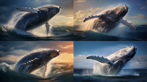 鲸鱼跃出海面，动态捕捉，广阔海洋，蔚蓝水域，长焦镜头，逆光，高速快门，力量感，震撼，自由。