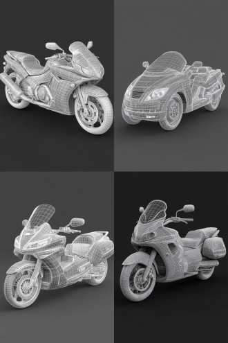 本田金翼的全息图，用平面直线和圆弧扩展到空间直线和圆弧来表示形体的边界和外部轮廓，图片是maya软件制作建模的效果线框模型，二维工程图