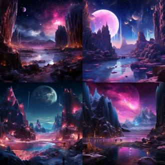 梦幻cg渲染图，夜晚，粉红天空金色瀑布，银河星光，北极冰山，全景广角，高清晰度，无遮挡，体积光，细节丰富，色彩斑斓，超现实，壮观，幻想风格。