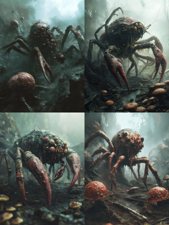 畸形甲壳昆虫拼合体，腐烂躯体，菌丝缠绕，怪物身上长蘑菇，巨物恐惧，雾气弥漫废土，夸张幻想风格，畸形生物，恶心外观，广角镜头，低光，高对比度，阴暗色调，扭曲变形，恐怖氛围，压抑情绪。