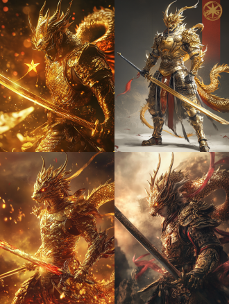 金龙人形态战士，龙麟盔甲，金色龙角头盔，手持宝剑，身后五星红旗，动态姿势，史诗风格，宏伟场景，金色与红色调，高光细节，广角镜头，侧光，力量感，威严。 创风格 艳蓝 深红 白 皮革 光粒子 全身角色 贝雷帽