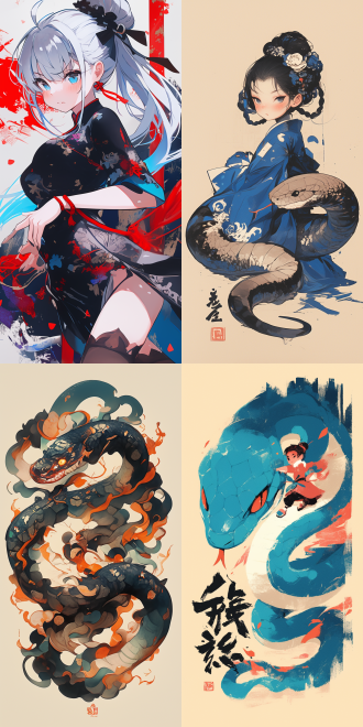 一条可爱的小蛇，中国新年表情包，16个新年祝福表情，水墨风格，强烈的中国风，黑色为主青色红色点缀