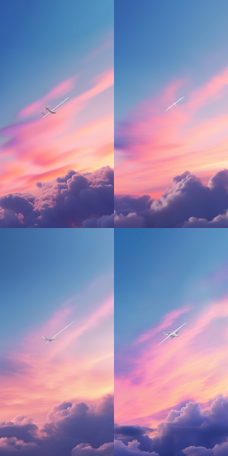 蓝天白云手机壁纸，中心构图仰视角，上蓝天白云下淡紫橙色晚霞，小客机侧面钻云，清新浪漫，超高清，色彩协调。