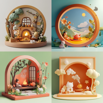 圆润的微缩场景，供人休息的围炉煮茶，方形框架上的牵牛花，一个坐着的人，一只猫，一只狗，3d 效果图，blender，popmart 盲盒，欢乐的色彩