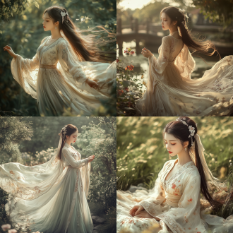 古装美女，古典园林，优雅姿态，长发飘逸，细腻肌肤，淡雅妆容，丝绸长裙，绣花精致，广角镜头，柔和光线，自然环境，静态捕捉，温婉表情，淡雅色彩，宁静氛围。