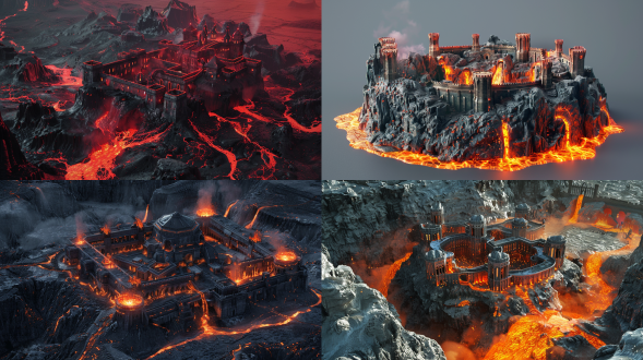 平面图，3d风格，山地结构，熔岩流动，监狱，堡垒，熔岩环绕