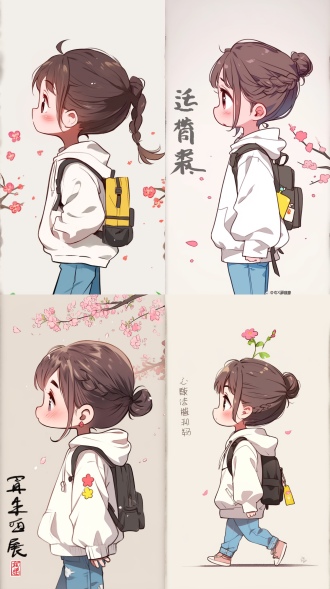 女孩背包独行，粉色花朵点缀，蓝色牛仔裤，白色连帽衫，棕色长发束成单髻，侧面轮廓，简单背景，广角镜头，自然光，柔和色调，轻松步伐，细腻表情。