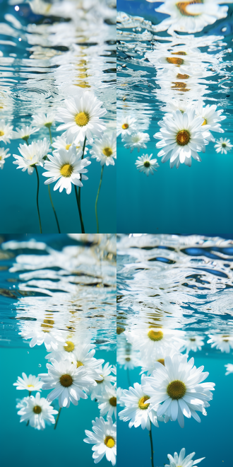 五颜六色的雏菊，绿色湖水下盛开，简单构图，线条锐化，动态感分布，层次分明，顶光，插画风格，相像力丰富，令人愉悦轻松，具有艺术美感，色彩鲜艳，水下摄影，自然环境，广角镜头，柔和光线，生长，清新，宁静。