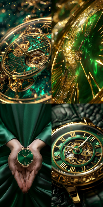 金色表盘，时针分针旋转，男女跟随，纯绿色背景，插画风格，简单构图，动态空间，超高清8k，激励珍惜时间，寓意深刻，金色与绿色对比，柔和光线，平面设计，细节精致，表情专注，动作轻盈，时间流逝，珍惜当下。