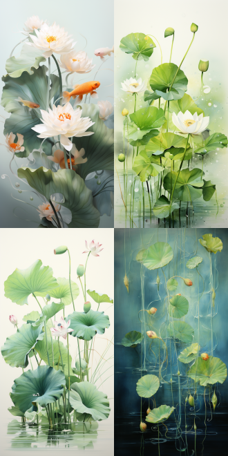 绿色大莲蓬，锦鲤承载，莲子小娃娃，水墨画风格，清新构图，简洁线条，新奇艺术，淡雅色彩，自然光，柔和对比，静谧氛围，创意构思。