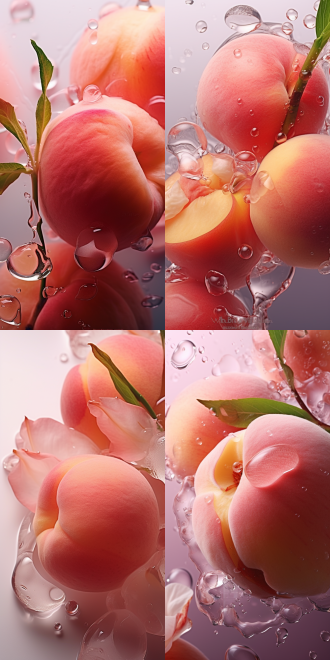 水蜜桃与桃花冰水浸泡，动态构图，动漫美学，纯浅色背景，线条锐化，柔光，3d渲染，超高清8k，浆果朋克，华丽色彩，清凉艺术美感，充满食欲。