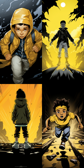 男孩身穿黄色夹克，神情专注，练习跑酷，满头大汗，简约动态分布背景，sharpie插图，漫画风格，手绘风，超高清8k画质，画面动感新奇，让人惊叹。