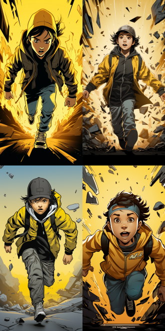 男孩身穿黄色夹克，神情专注，跳跃跑酷，满头大汗，简约动态分布背景，sharpie插图，漫画风格，手绘风，超高清8k画质，画面动感新奇，让人惊叹。