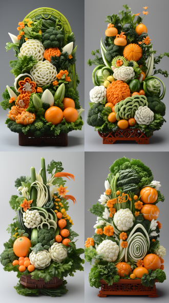 蔬菜与水果组合成盆景，居中构图，纯白色背景，中国风古典元素，超高清8k，柔光，特写，动态分布，线条锐化，惊叹想象。