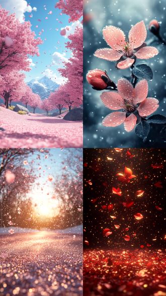 粉色樱花如雨落下，三分法构图，国家地理风格，线条锐化，动态分布，柔光，8k超高清，暖色调，浪漫美感。