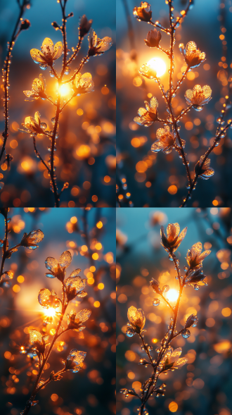 透过露水看日出，简单构图，晶莹剔透，国家地理风格，线条锐化，动态分布，层次变化，柔光，8k超高清，视觉与艺术融合。