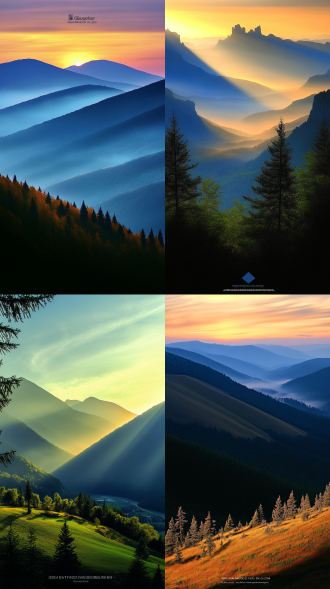 山林层层叠叠黎明静美，三分法构图，光影渐变线条锐化，国家地理风格，自然光，超高清斑斓色彩，神秘宁静，有层次景深。