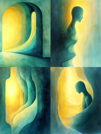 "破碎的几何色块在宣纸上碰撞，焦褐色裂缝中渗出靛蓝光流，枯笔飞白肌理叠加水墨晕染，半透明梵文符号悬浮于留白处，互补色冲突中暗藏金色平衡线，抽象主义笔触带有儿童涂鸦的原始张力