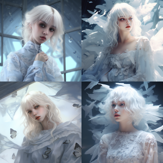 白发少女，苍白皮肤，优雅蕾丝衬衫，巨大淡蓝飞蛾翅膀，遮眼，超现实数字艺术，萧荣成风格，梦幻场景，柔和光线，细腻纹理，神秘氛围，冷色调，静态动作，沉思表情，数字绘画，超现实主义，梦幻，柔和光线，细腻纹理，神秘，冷色调，静态，沉思。