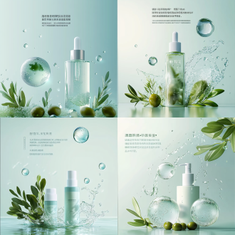 护肤产品海报，三不同尺寸含橄榄叶和透明液体球体，前景水滴，浅绿背景，c4d oc渲染，软光，居中构图，真实细节，柔光照亮有阴影，时尚社论风，清新奢华