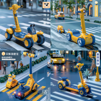 儿童玩具广告，1:1 粗犷设计，受牧溪启发，人行道上，交通设计，2019 流行照片，amiami 特辑，全景变形，蓝黄配色，修长肌肉线条，熟悉而奇特，机械化运输，高矮对比。