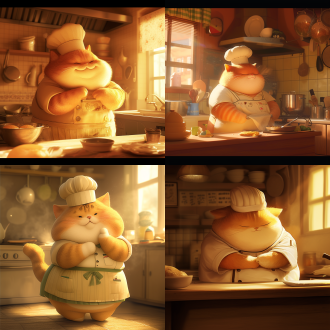 胖橘猫厨师，圆润身形，憨态可掬，工作服整洁，漫画风格，3d立体，电影级质感，室内厨房，柔和侧光，暖黄调，特写镜头，温馨氛围，惹人喜爱。