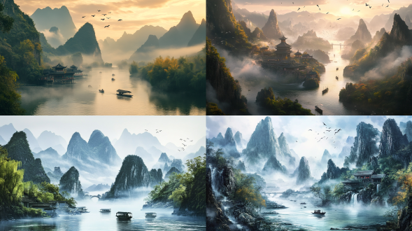 云雾山峰 水墨远山 溪流幽谷 松柏悬崖 渔舟晚霞 竹林茅屋 瀑布峡谷 晨雾江面 古桥溪涧 远山近水 秋叶山径 孤舟寒江 山间古寺 云雾梯田 夕阳渔村 山峦水天 竹林小径 晨光山涧 烟雨江南 远山飞鸟